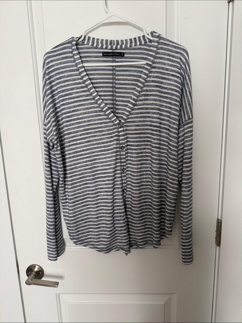 Abercrombie & Fitch Gray and White Striped Long Sleeve Button Top